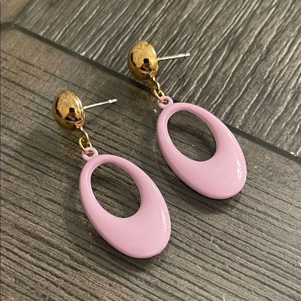 Vintage Pink Metal Enamel Oval Dangle Earrings